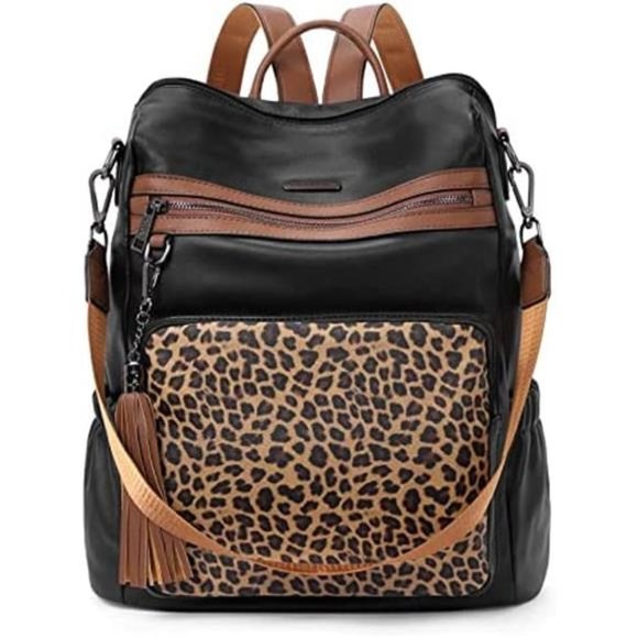 Backpack Purse for Women Fashion Leather 1-4 Black With Leopard